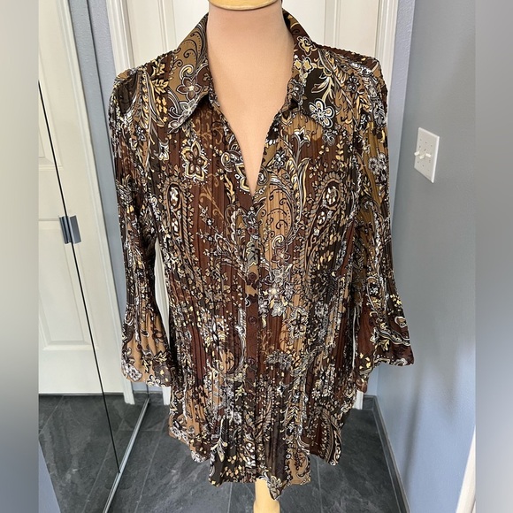 Vtg New York City Design Co Brown Floral Paisley Crinkle Retro Button Up Blouse - Picture 1 of 8